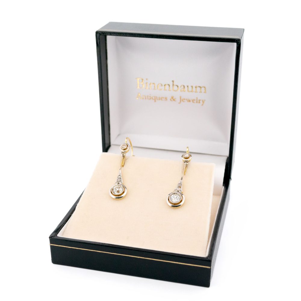 Art Deco Old Cut Diamond Pendant Earrings In 18 Carat Yellow And White Gold