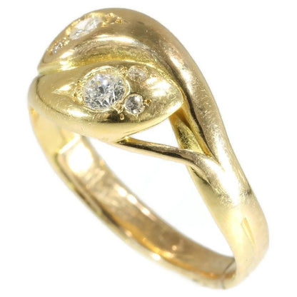Antique Art Nouveau Double Headed Gold Snake Ring with Diamonds