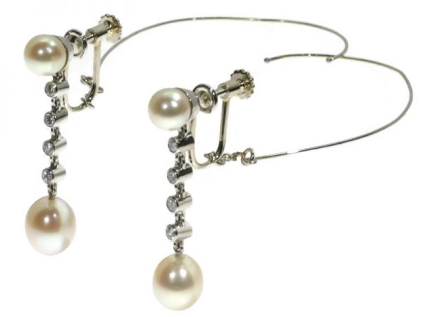 Vintage Platinum Diamond and Pearl Long Pendant Earrings