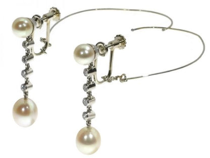 Vintage Platinum Diamond and Pearl Long Pendant Earrings