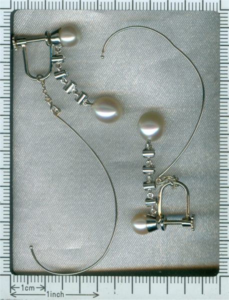 Vintage Platinum Diamond and Pearl Long Pendant Earrings