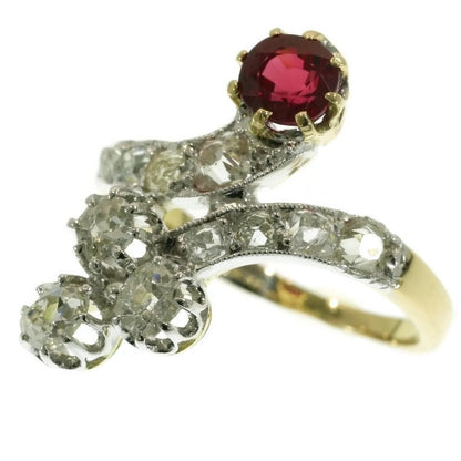 Antique Late Victorian Diamond and Ruby Crossover Ring