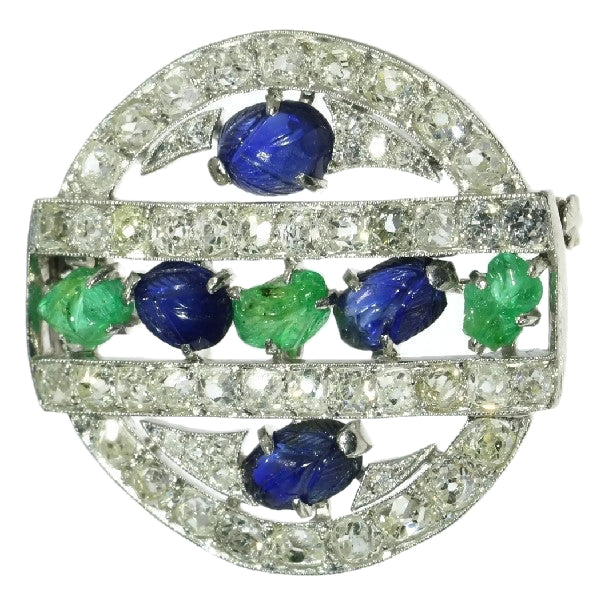 French Art Deco Diamond, Emerald and Sapphire Brooch, Platinum