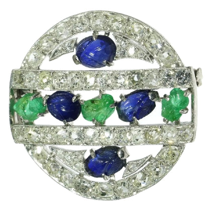 French Art Deco Diamond, Emerald and Sapphire Brooch, Platinum