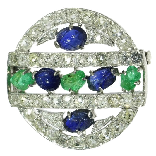 French Art Deco Diamond, Emerald and Sapphire Brooch, Platinum