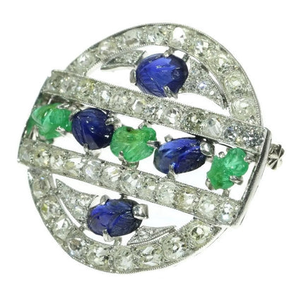 French Art Deco Diamond, Emerald and Sapphire Brooch, Platinum