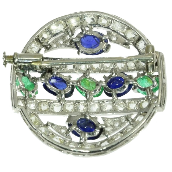 French Art Deco Diamond, Emerald and Sapphire Brooch, Platinum