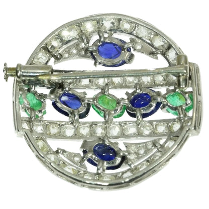French Art Deco Diamond, Emerald and Sapphire Brooch, Platinum