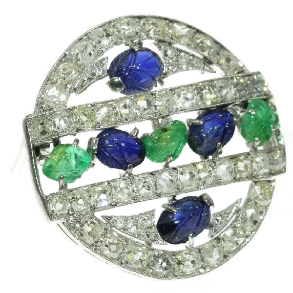 French Art Deco Diamond, Emerald and Sapphire Brooch, Platinum