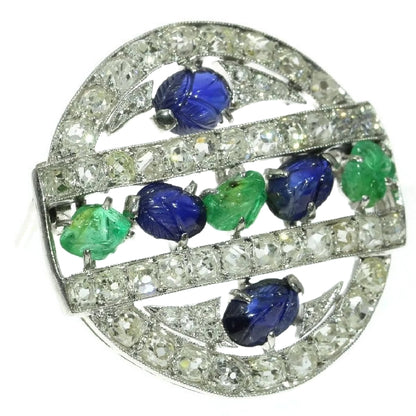 French Art Deco Diamond, Emerald and Sapphire Brooch, Platinum
