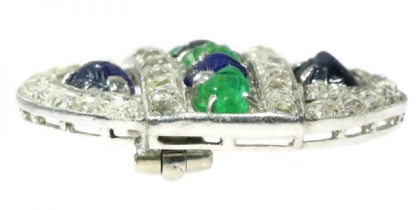 French Art Deco Diamond, Emerald and Sapphire Brooch, Platinum