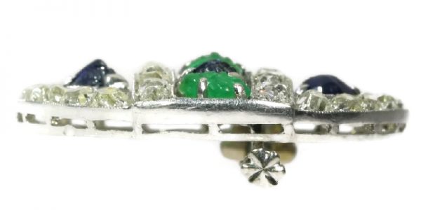 French Art Deco Diamond, Emerald and Sapphire Brooch, Platinum