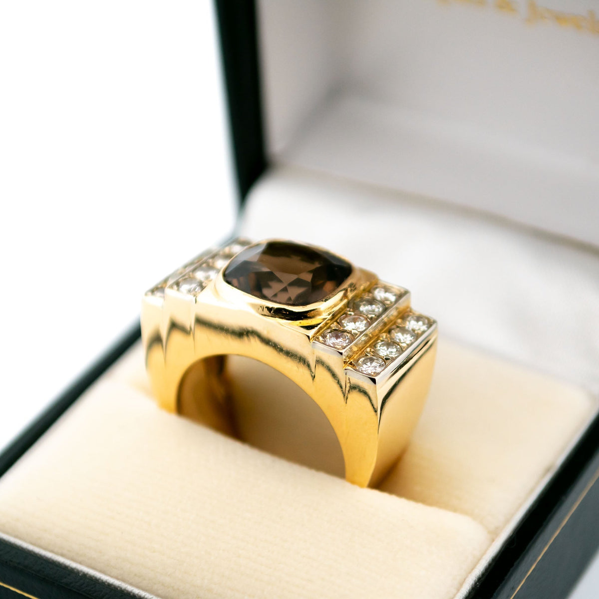 Vintage 18 Carat Yellow Gold Smoky Quartz and Diamond Tank Style Ring