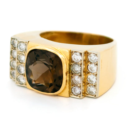 Vintage 18 Carat Yellow Gold Smoky Quartz and Diamond Tank Style Ring