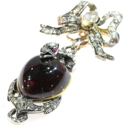 Antique Victorian Garnet and Diamond Set Snake Pendant Brooch