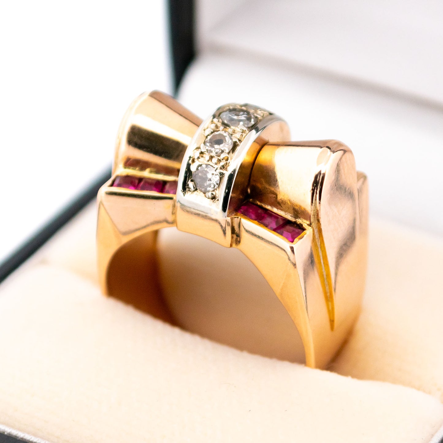 Retro 14 Carat Yellow and White Gold Ruby and Diamond Tank Style Ring