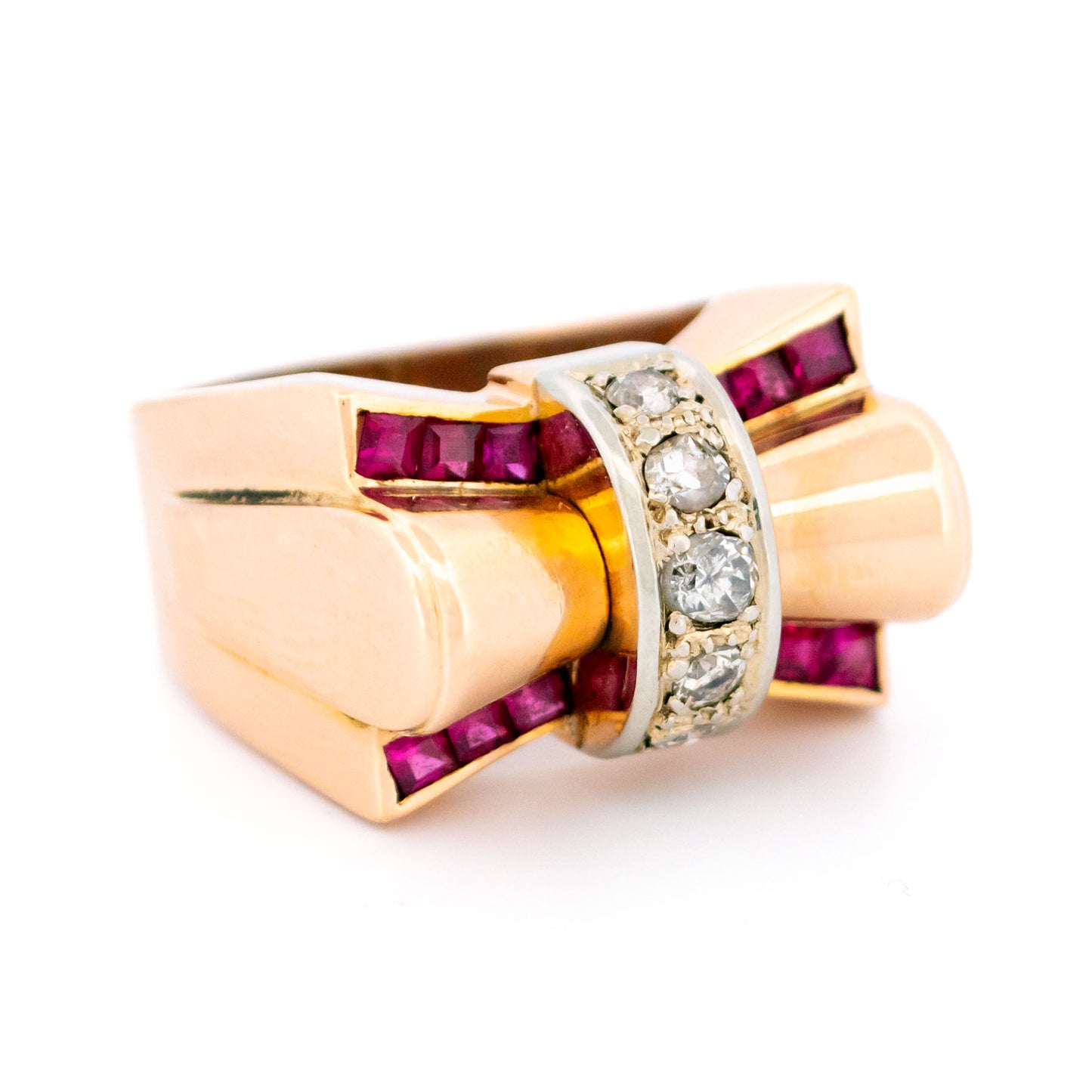 Retro 14 Carat Yellow and White Gold Ruby and Diamond Tank Style Ring