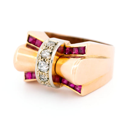 Retro 14 Carat Yellow and White Gold Ruby and Diamond Tank Style Ring