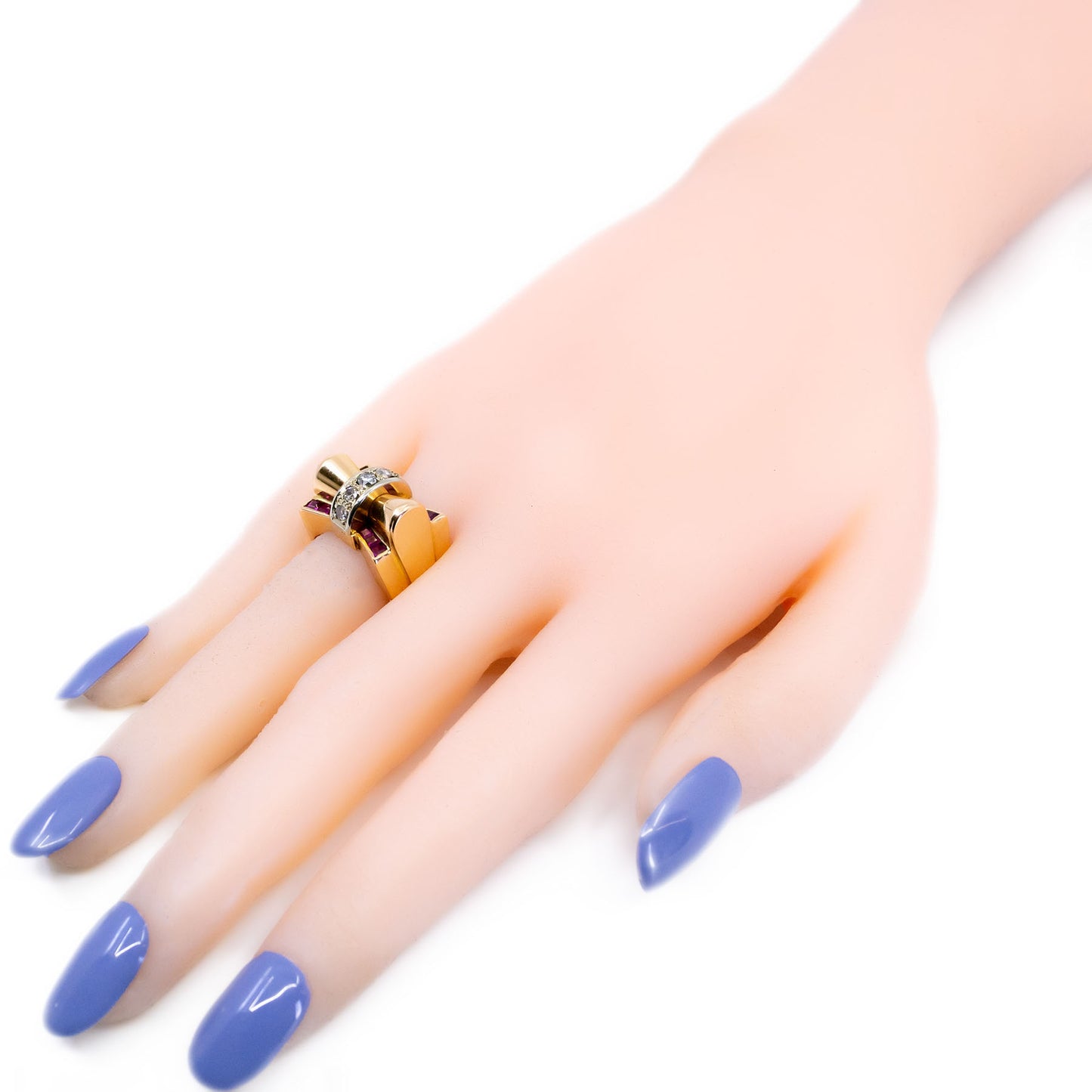 Retro 14 Carat Yellow and White Gold Ruby and Diamond Tank Style Ring