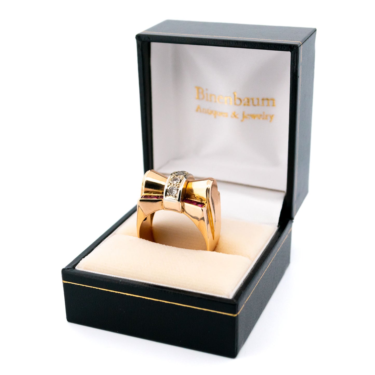 Retro 14 Carat Yellow and White Gold Ruby and Diamond Tank Style Ring