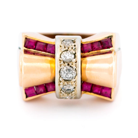 Retro 14 Carat Yellow and White Gold Ruby and Diamond Tank Style Ring