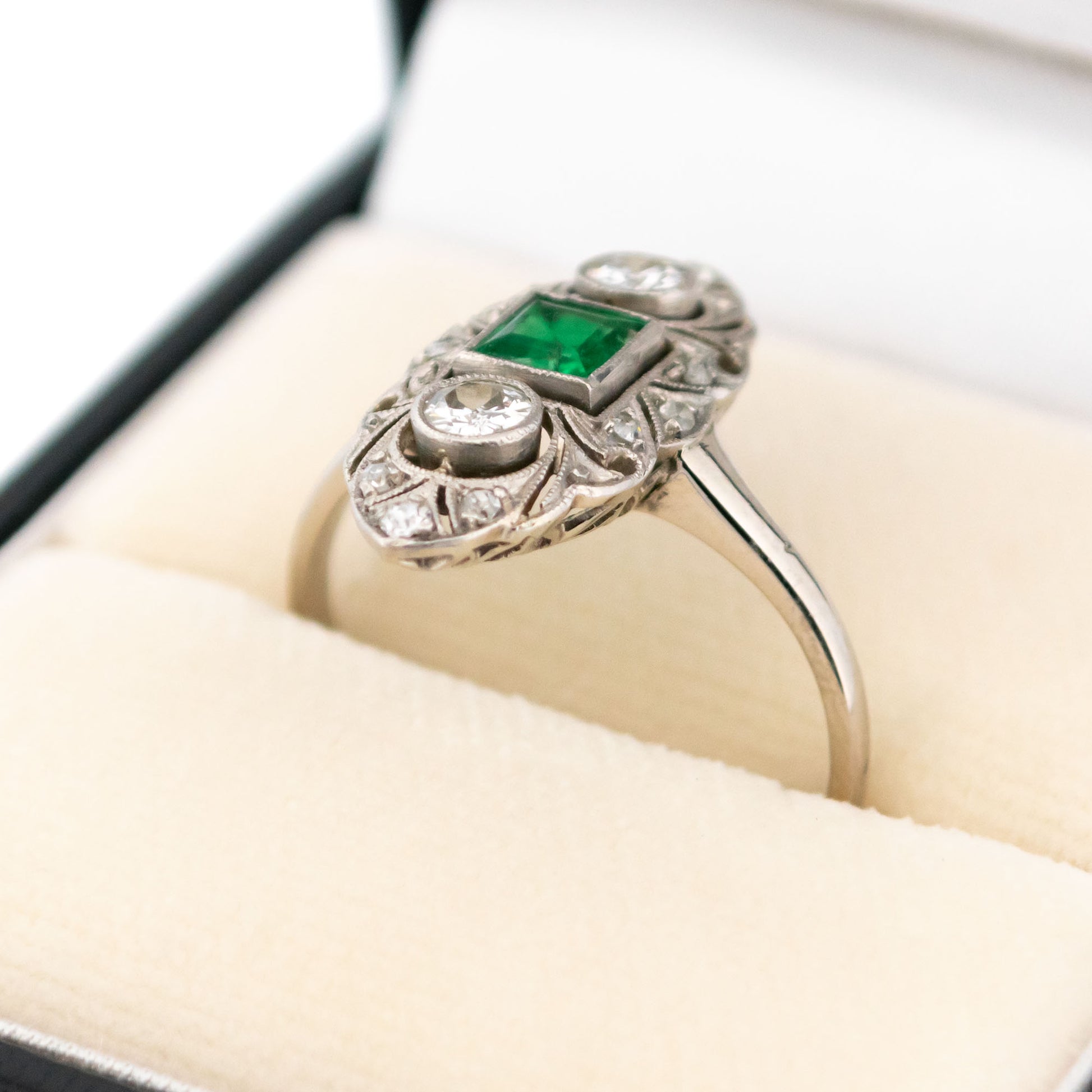 Art Deco 18 Carat White Gold, Platinum, Emerald and Diamond Marquise Navette Ring