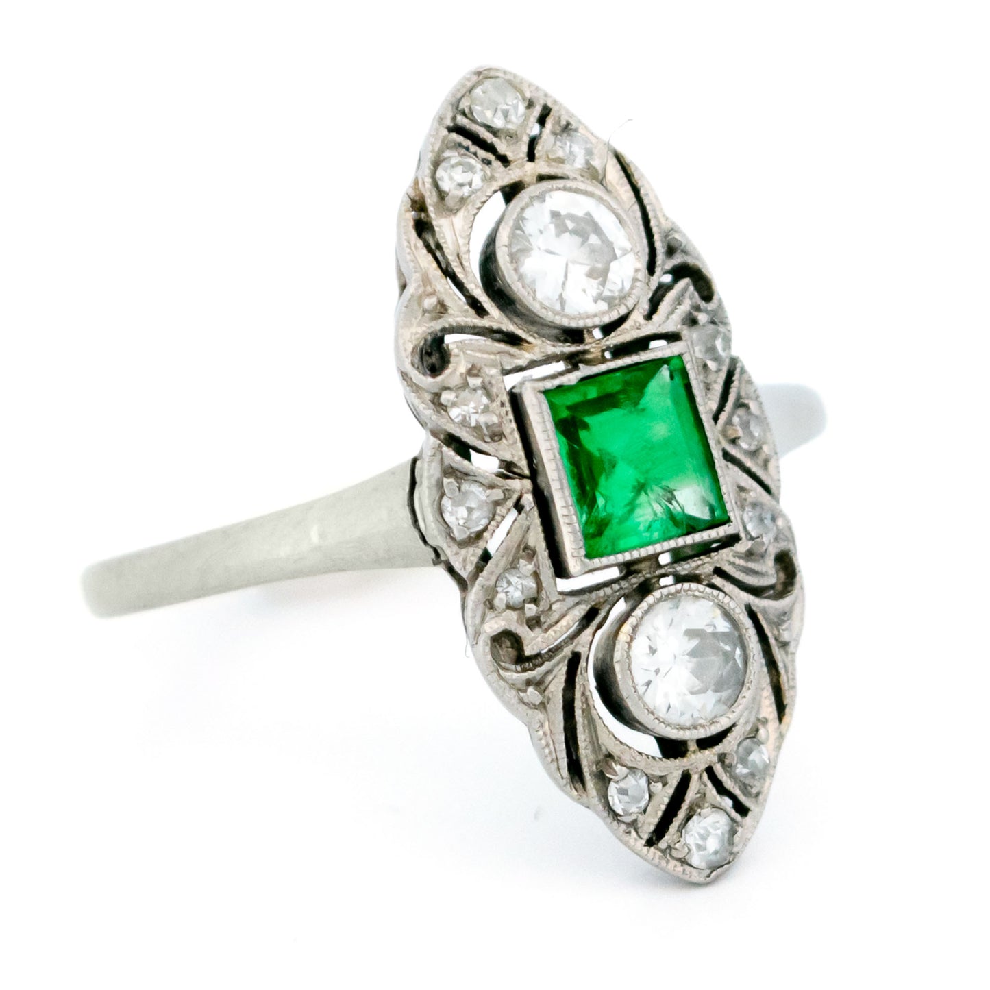 Art Deco 18 Carat White Gold, Platinum, Emerald and Diamond Marquise Navette Ring