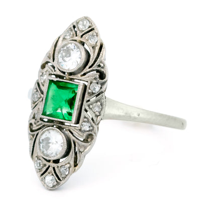 Art Deco 18 Carat White Gold, Platinum, Emerald and Diamond Marquise Navette Ring
