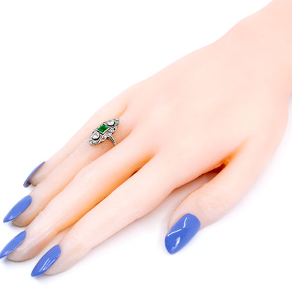 Art Deco 18 Carat White Gold, Platinum, Emerald and Diamond Marquise Navette Ring