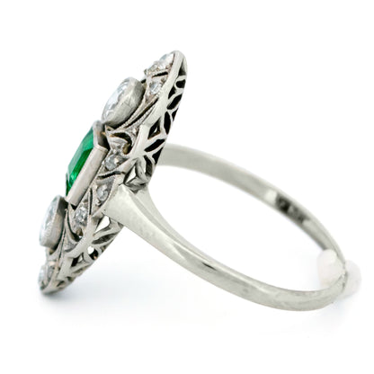 Art Deco 18 Carat White Gold, Platinum, Emerald and Diamond Marquise Navette Ring