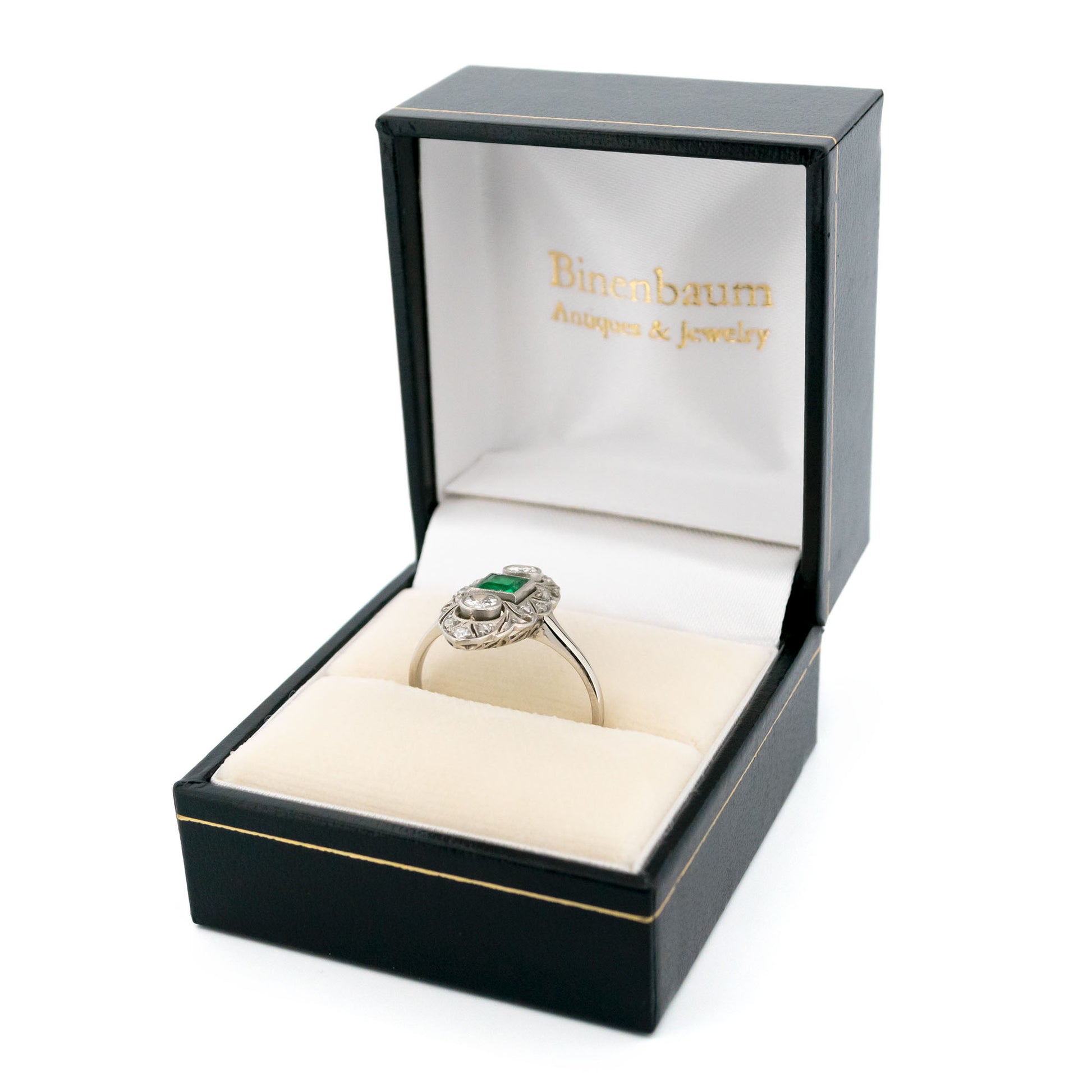 Art Deco 18 Carat White Gold, Platinum, Emerald and Diamond Marquise Navette Ring