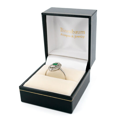 Art Deco 18 Carat White Gold, Platinum, Emerald and Diamond Marquise Navette Ring