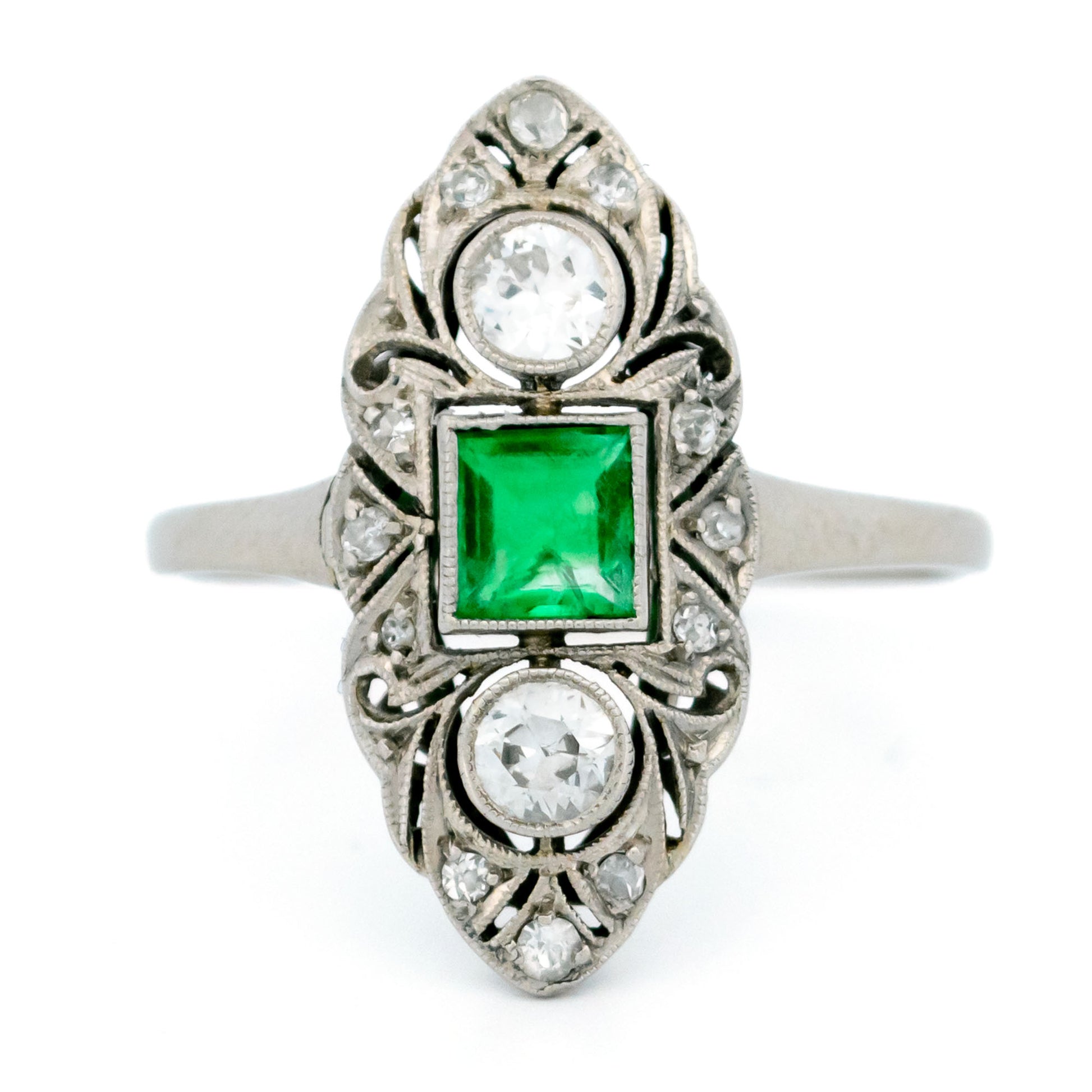 Art Deco 18 Carat White Gold, Platinum, Emerald and Diamond Marquise Navette Ring