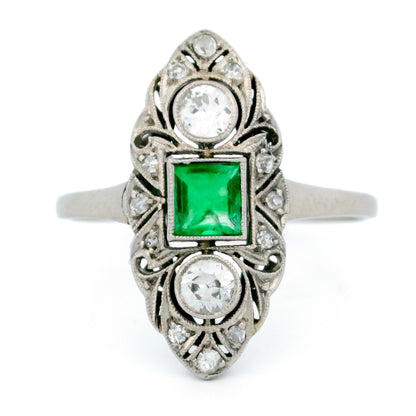 Art Deco 18 Carat White Gold, Platinum, Emerald and Diamond Marquise Navette Ring