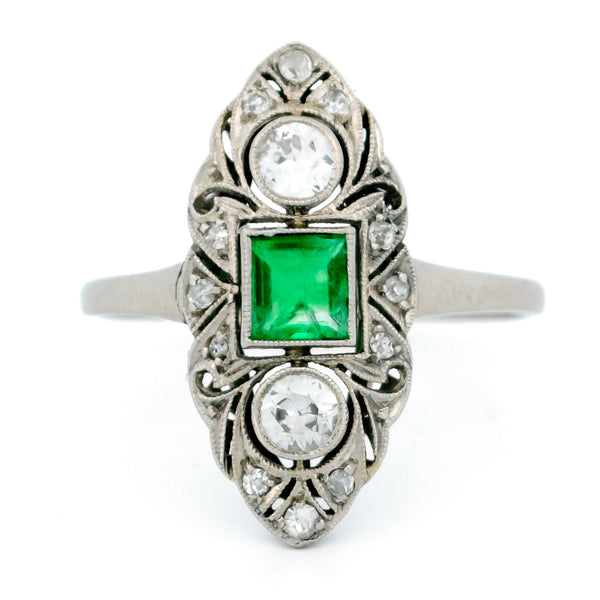 Art Deco 18 Carat White Gold, Platinum, Emerald and Diamond Marquise Navette Ring