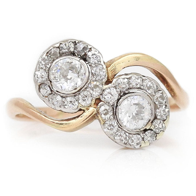 Antique Double Diamond Cluster Toi et Moi Crossover Ring
