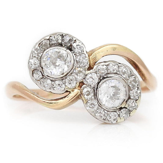 Antique Double Diamond Cluster Toi et Moi Crossover Ring