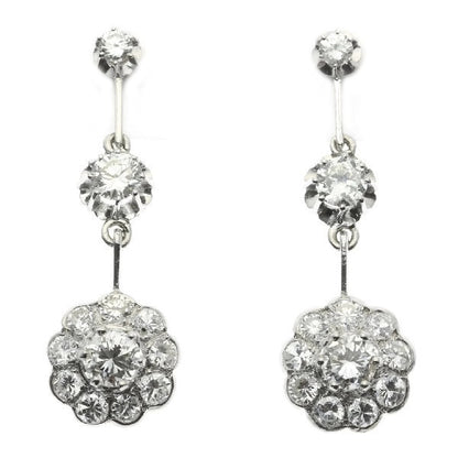 Vintage Diamond Cluster Drop Earrings, 18ct White Gold
