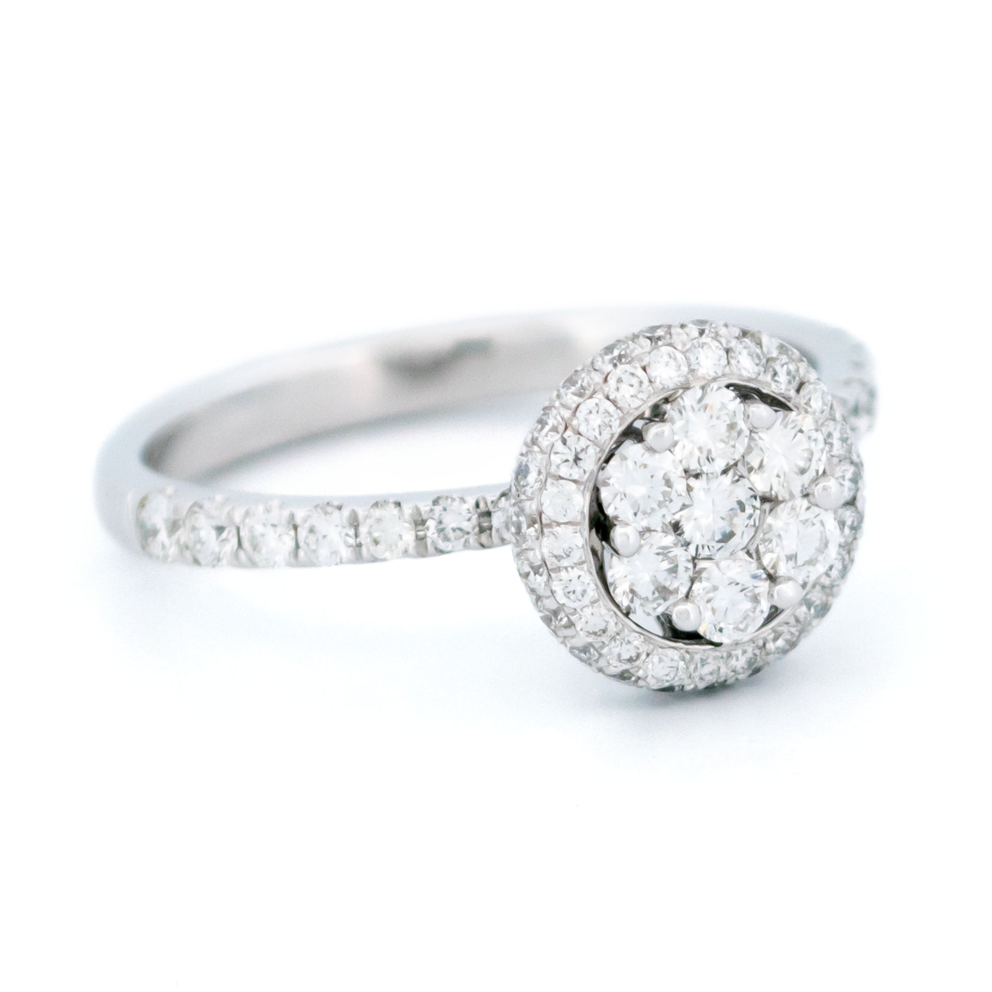 Modern 18 Carat White Gold Diamond Halo Cluster Ring, 0.83 Carat