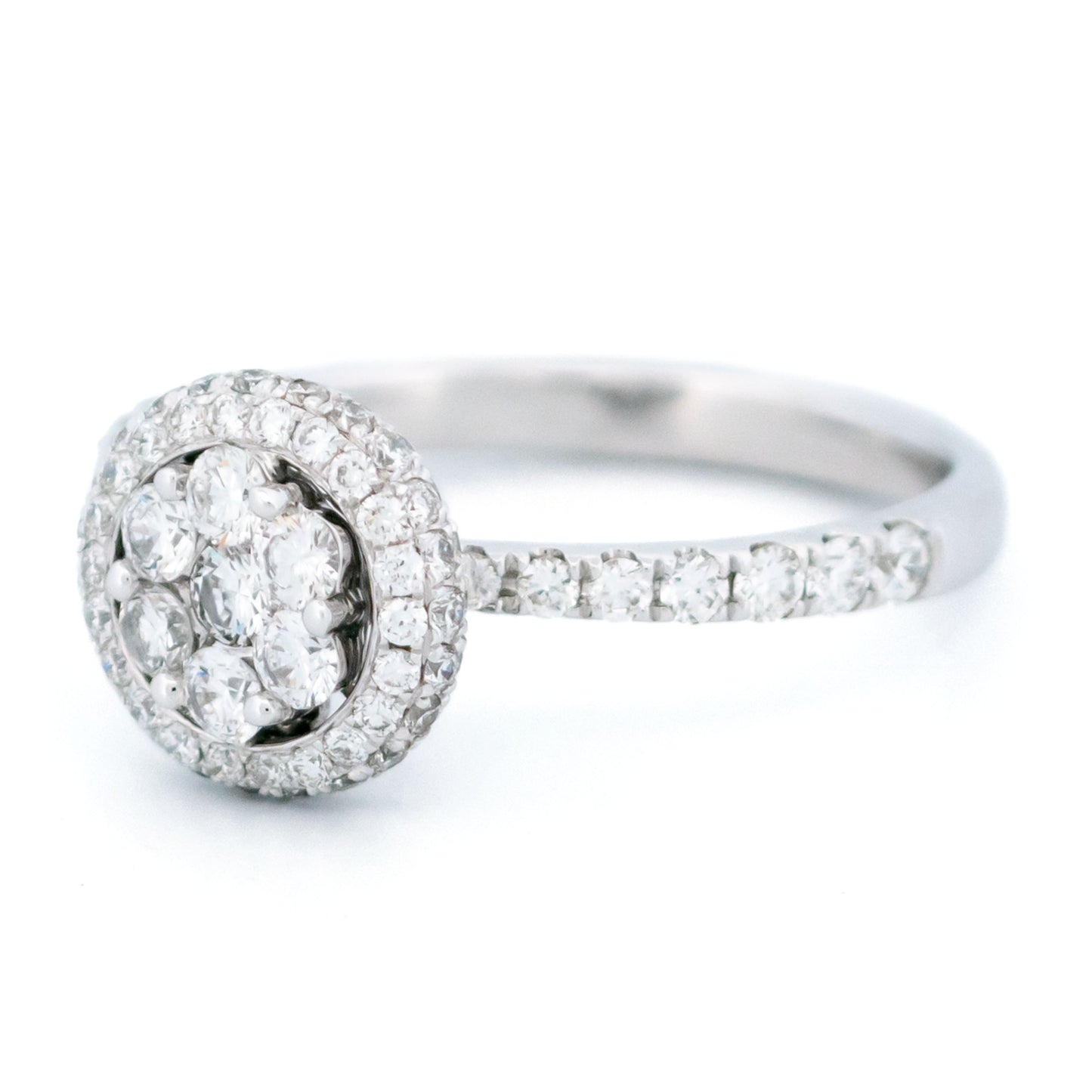 Modern 18 Carat White Gold Diamond Halo Cluster Ring, 0.83 Carat