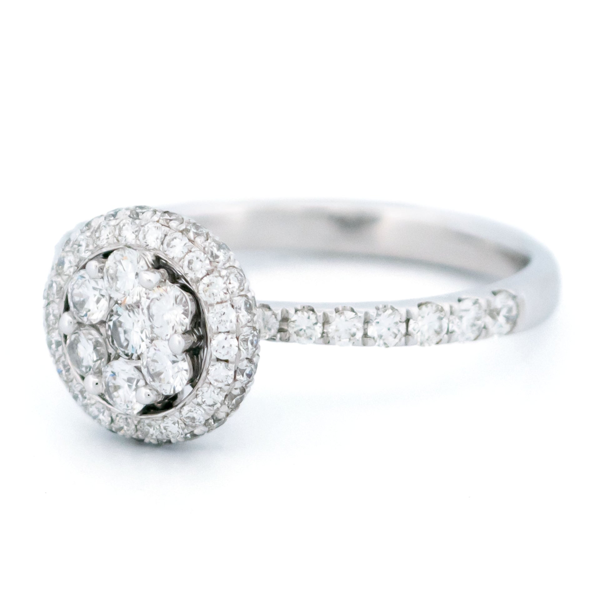 Modern 18 Carat White Gold Diamond Halo Cluster Ring, 0.83 Carat
