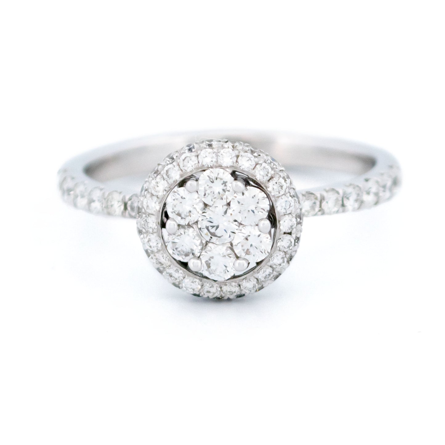 Modern 18 Carat White Gold Diamond Halo Cluster Ring, 0.83 Carat