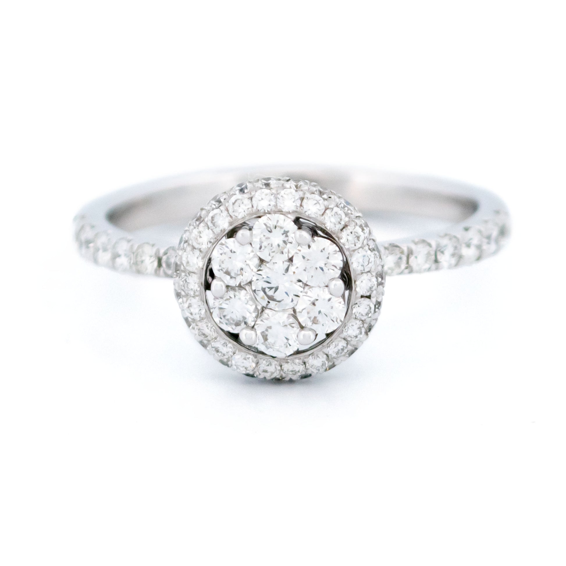 Modern 18 Carat White Gold Diamond Halo Cluster Ring, 0.83 Carat