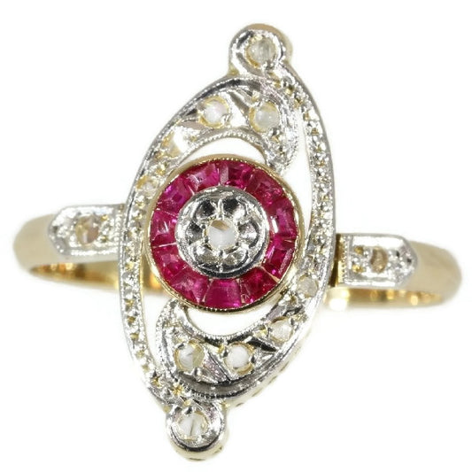 Antique French Belle Epoque Diamond and Ruby Ring