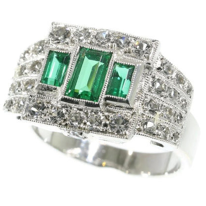 Unique Ring Pair of Original Vintage Emerald and Diamond Platinum Ring and Dummy Model