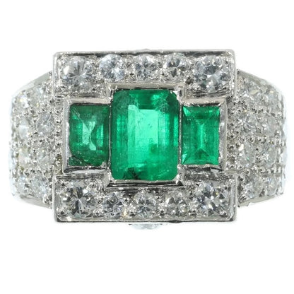 Unique Ring Pair of Original Vintage Emerald and Diamond Platinum Ring and Dummy Model