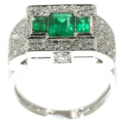 Unique Ring Pair of Original Vintage Emerald and Diamond Platinum Ring and Dummy Model