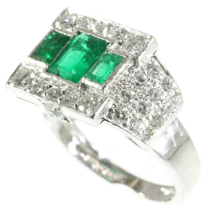 Unique Ring Pair of Original Vintage Emerald and Diamond Platinum Ring and Dummy Model