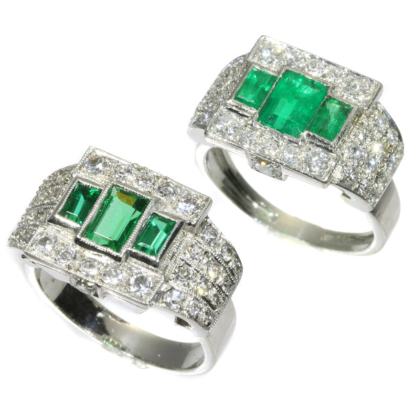 Unique Ring Pair of Original Vintage Emerald and Diamond Platinum Ring and Dummy Model
