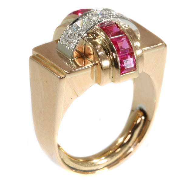 Stylish Retro Red Gold Diamond and Ruby Cocktail Ring